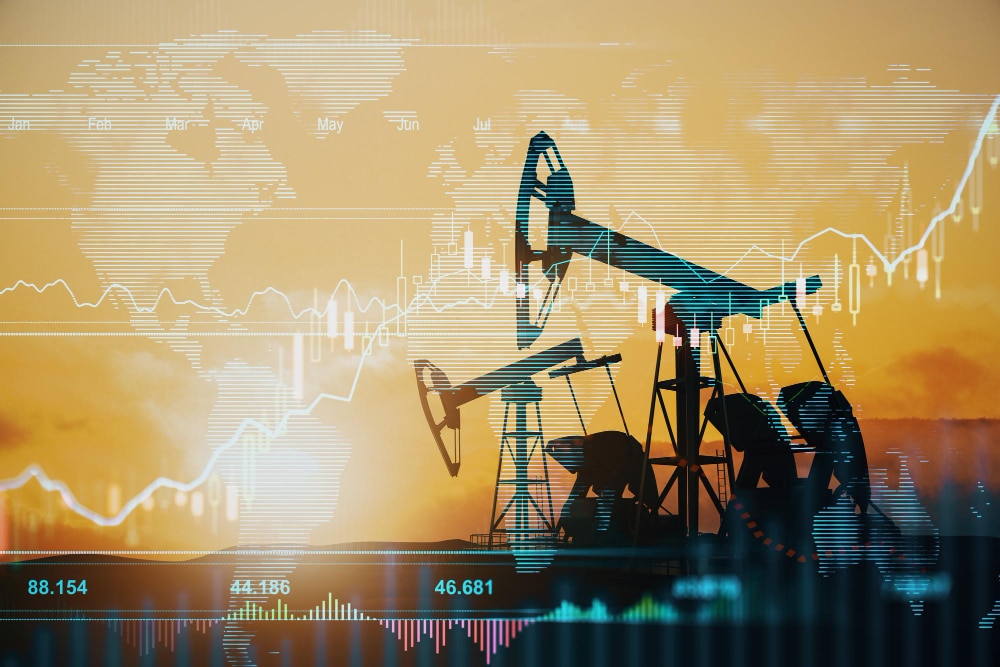 global-stock-market-oil-industry-concept-with-oil-pumps-sunset-abstract-field-virtual-board-world-map-growing-financial-chart-growing-candlestick-double-exposure